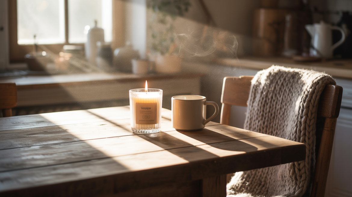 Slow Mornings, Soft Starts: Rituals That Wrap You in Warmth 5 Kitchen table with mug and candle