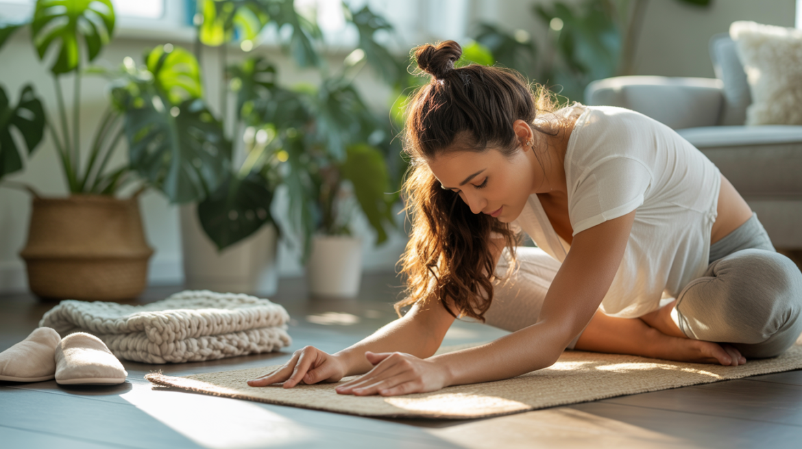 Slow Mornings, Soft Starts: Rituals That Wrap You in Warmth 6 A person stretching on a yoga mat in a sunlit living room, cozy slippers and a folded blanket nearby, houseplants in the background. Calm, slow-living feel.