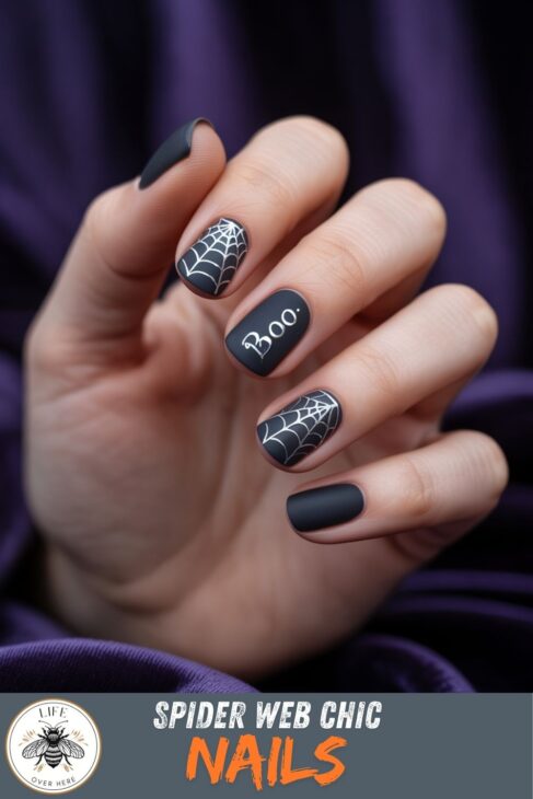Charming Halloween Nails to Welcome October 3 Black matte Halloween nails with spiderwebs and the word boo