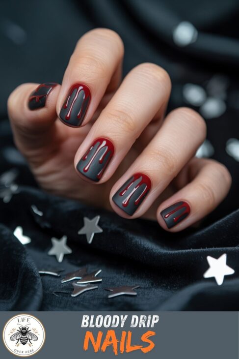 Charming Halloween Nails to Welcome October 2 Black Matte Halloween Nails With Bloody Drips