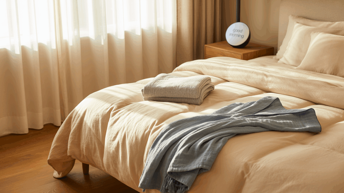 Slow Mornings, Soft Starts: Rituals That Wrap You in Warmth 2 Cozy bedroom with bed, robe, and sunrise alarm