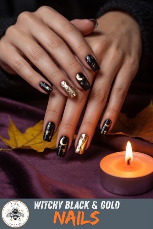 Charming Halloween Nails to Welcome October 8 Witchy Black Gold Nails